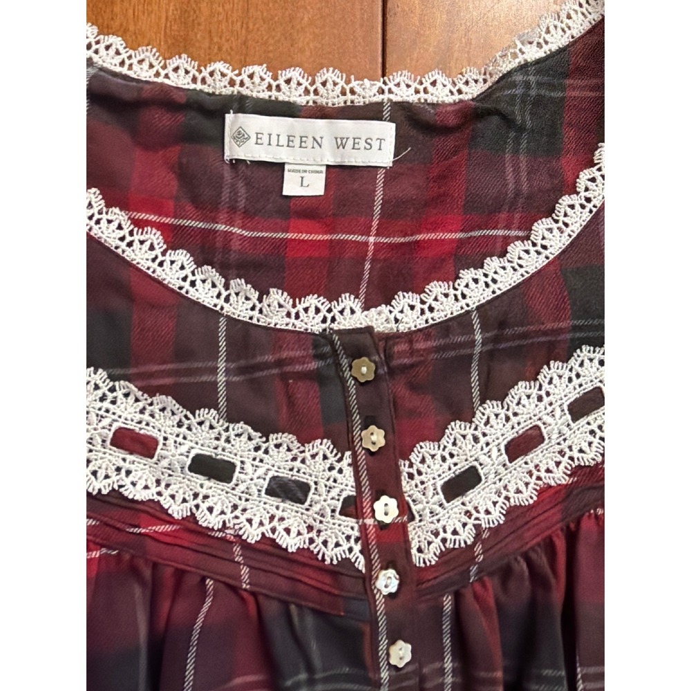 NWT Eileen West Nightgown Womens L Red Black Plaid Lace Trim Cotton Blend NWT L - Picture 4 of 12